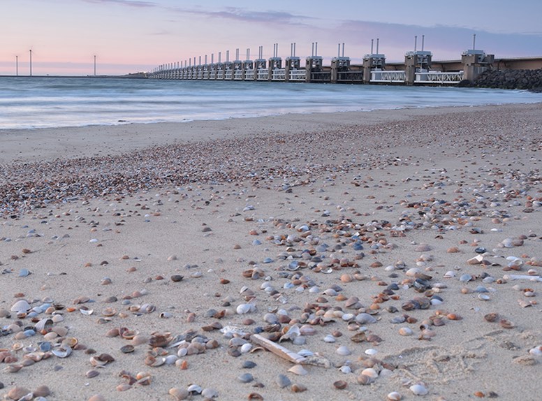 Oosterscheldekering tijdens zonsondergang met op de voorgrond strand met schelpen